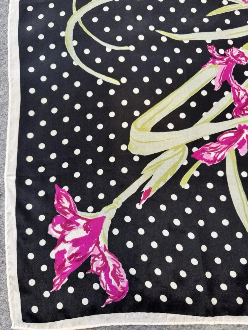Vintage SILK Scarf, Black & White Polka Dots with Pink Florals 28.5